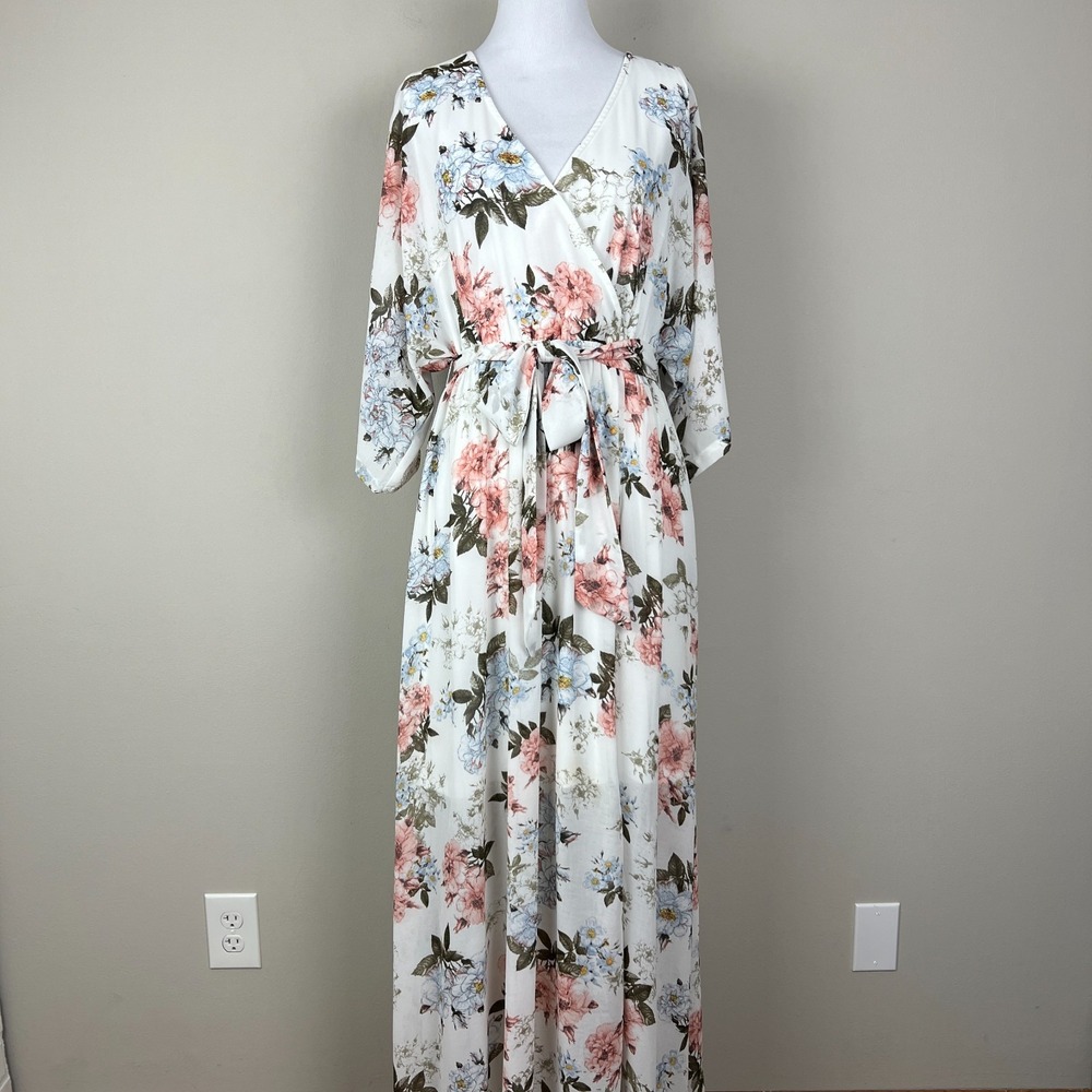 BALTIC BORN Maxi‎ Dress Womens Large White Floral Belted V-Neck Feminine Flowy L